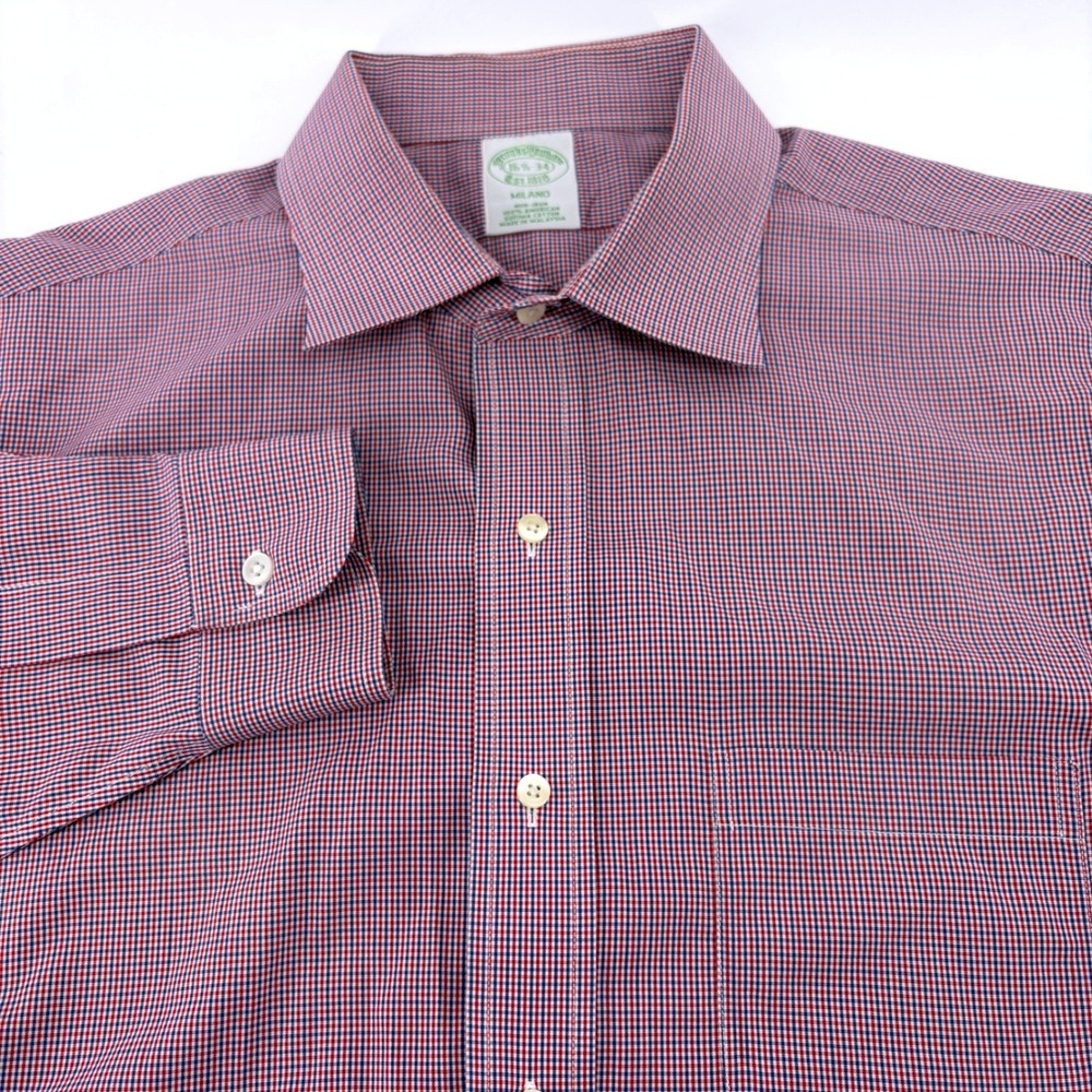 Brooks Brothers Mens 16.5 L Red Blue White Micro Check Cotton Button Down Shirt‎